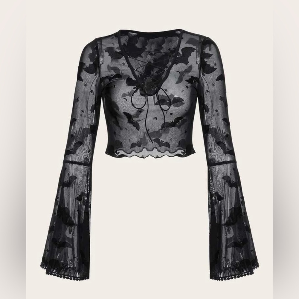 ROMWE Goth Bat Print Lace Up Mesh Top